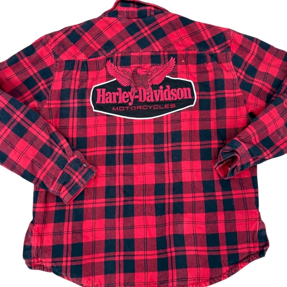 Harley-Davidson Red Black Buffalo Plaid Fleece Lined Zip Flannel Shirt Jacket L